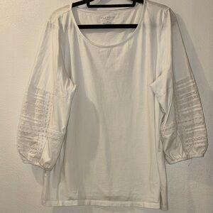 Talbots White Scoop Neck Top with Lace-Panel Sleeves